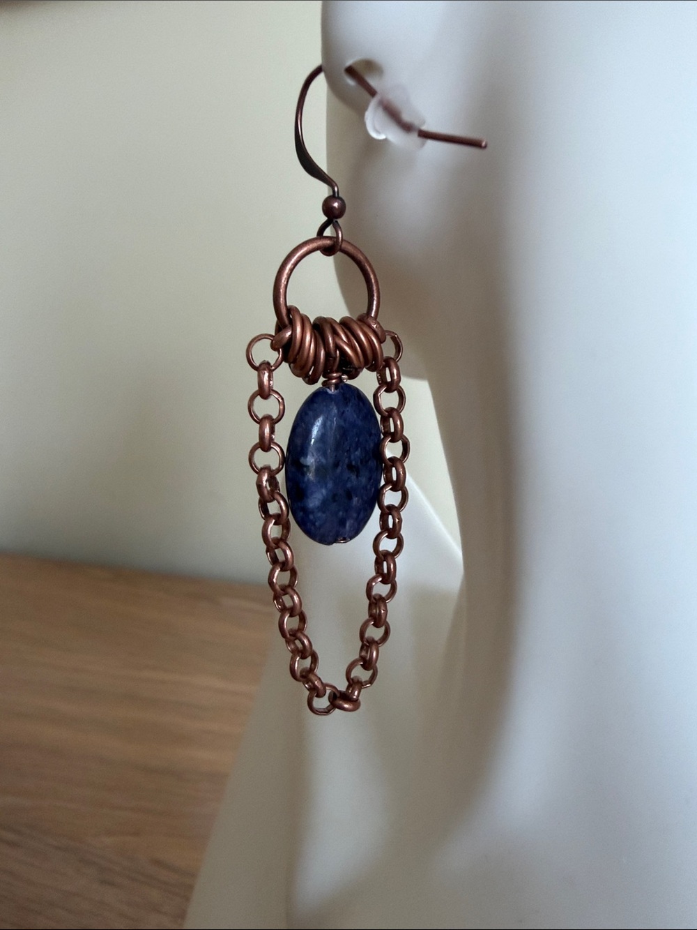 HAND CRAFTED LAPIS LAZULI & COPPER CHAIN DANGLE EARRINGS Boho Gemstone Jewelry - Picture 6 of 9